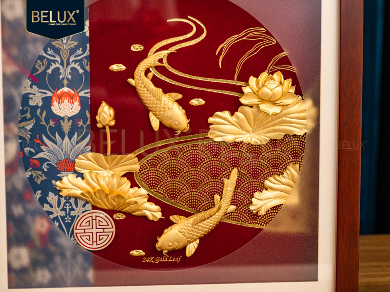 Tranh cá chép hoa sen dát vàng 24k -30x30cm